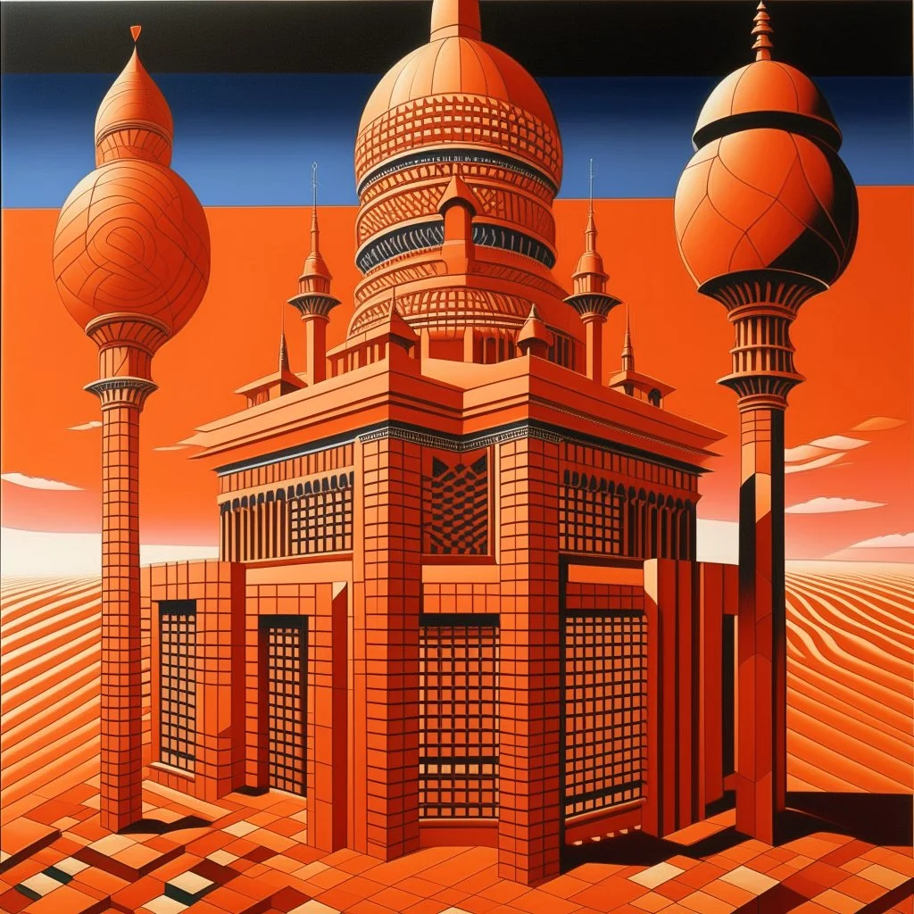 A light rosy orange colored desert with a mechanical palace painted by Victor Vasarely