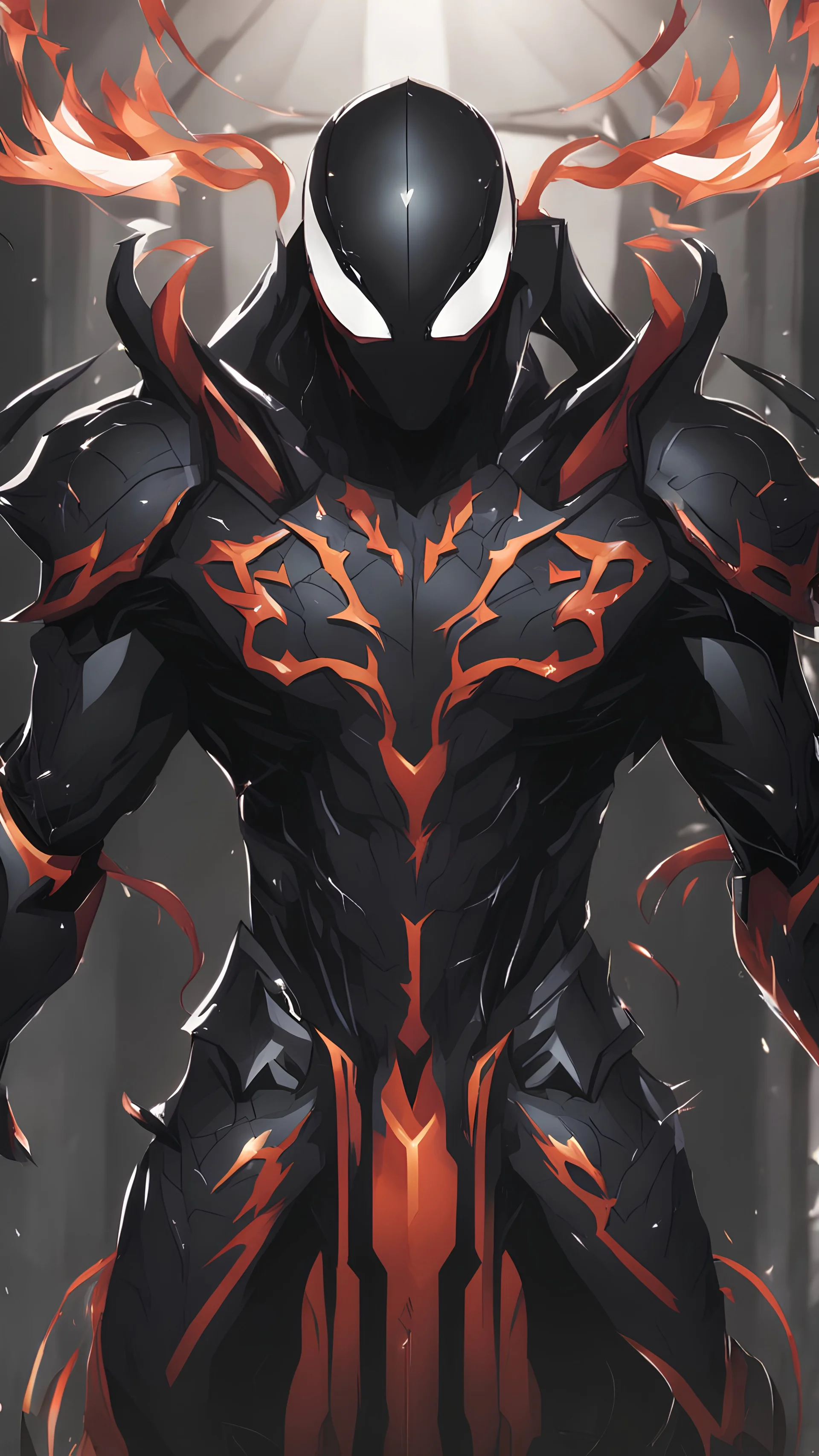 Rainhard suit mix with venom symbiote in solo leveling shadow artstyle, rainhard armor, demon lord them, intricate details, highly detailed, high details