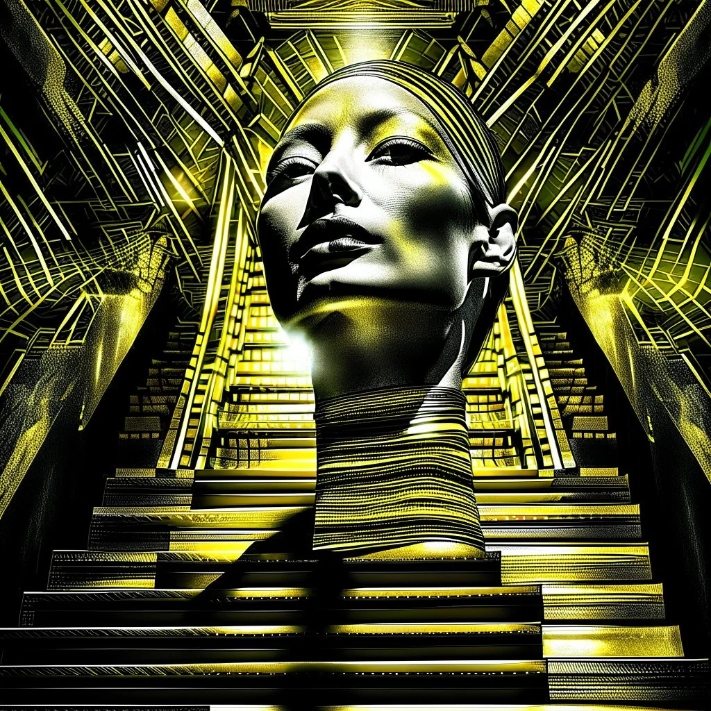 Double exposure of a black and yellow photo of the face of the pharaonic goddess Nefertiti and stairs inside a pyramid, black and yellow photo, a staircase, by John Alexander, stairs, a winding staircase inside a pyramid, inspired by Jerry Schatzberg, stairs to heaven, fine art photography, by Rodolfo Escalara, illustration, by Albert Cotin, beautiful, stairs, inspired by Rudolf Hausner, staircase 1