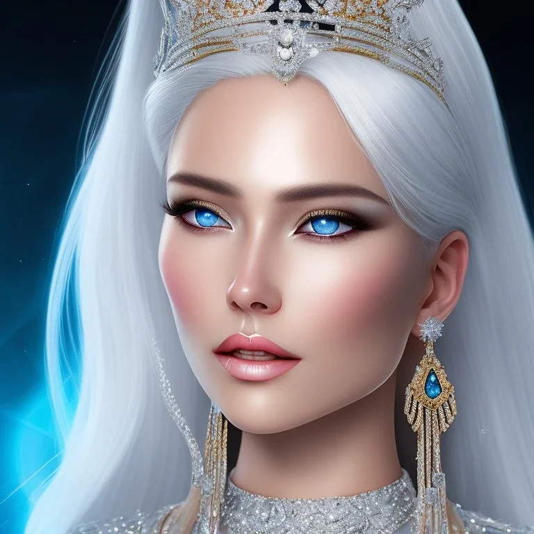 Ice Princess with white hair, a crown with precious stones, bright background