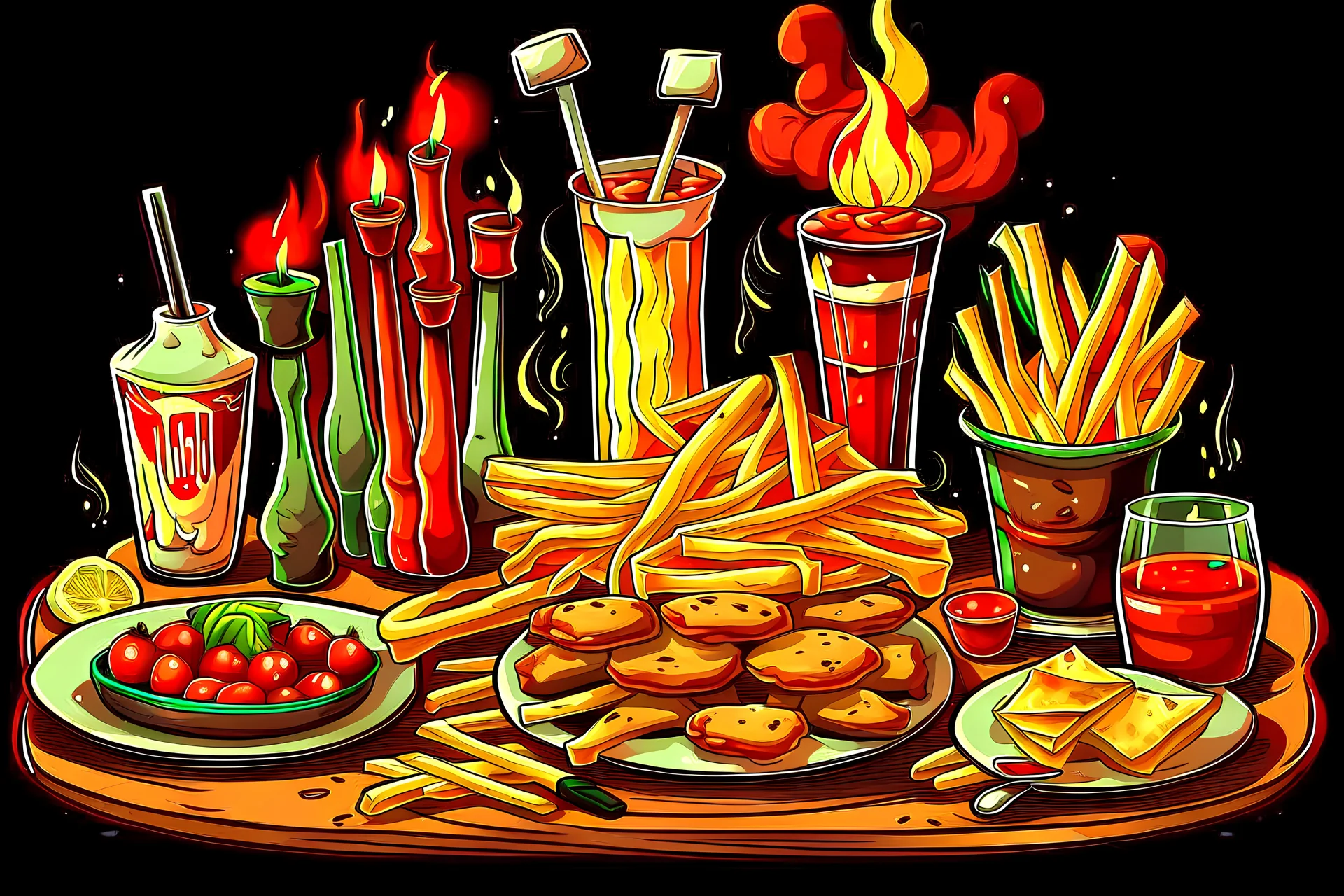 Pizza, sandwich, hamburger, baguette bread, french fries, pizza cheese, soda, and sauce with a dark color theme and barbecue flames.