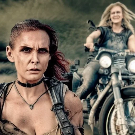 Mad Max woman with the face of a young woman on a motorcycle with water and backpack