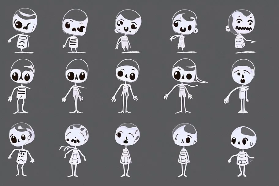 make a bunch of simple hand-drawn spooky and cute cartoon characters with bodies arms, and legs I could draw and make them all different