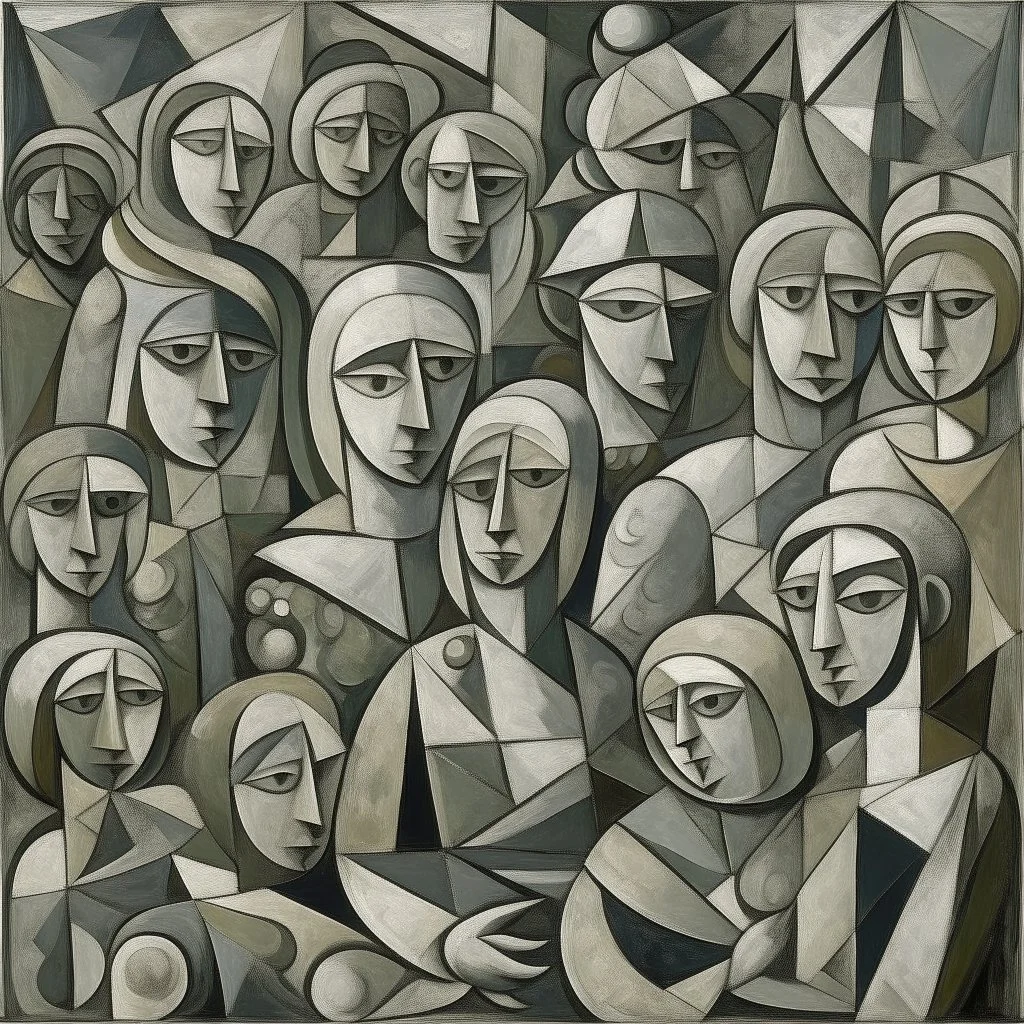 piccasso crowd people cubism gray woman and child