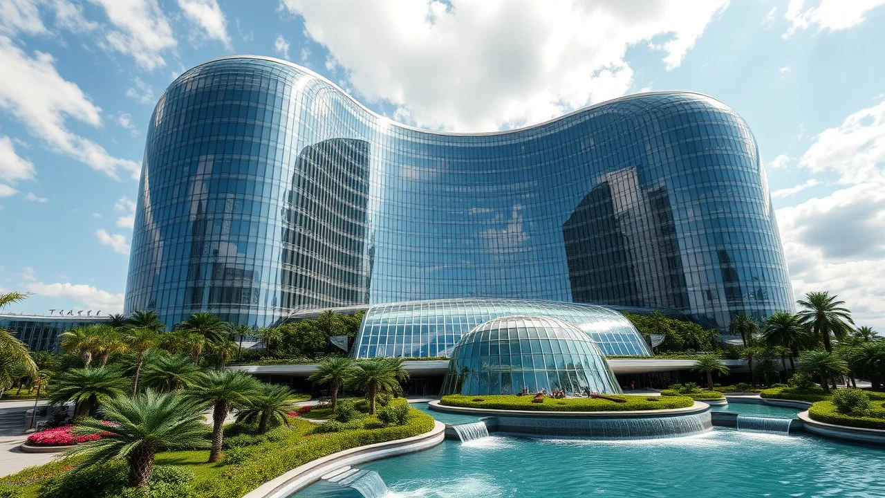 A futuristic skyscraper designed with sweeping parabolic curves, where the entire façade is made of reflective glass. The building rises gracefully toward the sky, with its symmetrical parabolic arc creating a sense of balance and elegance. Surrounding the structure are lush gardens and flowing water features that mirror the curves of the building. Photograph.