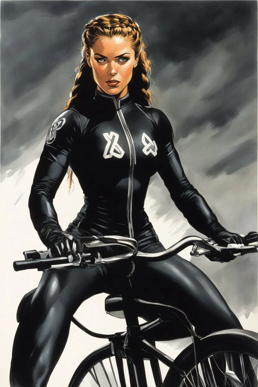 a Celtic girl with braids in a dark tight sport outfit, she does gym on a training bike, panting [Paul Gulacy, Black Widow Portfolio (SQ Productions, 1982)]