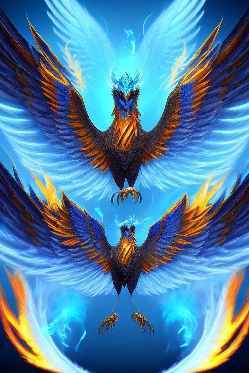 blue phoenix flaming wings, balanced, beautiful, smooth, flying