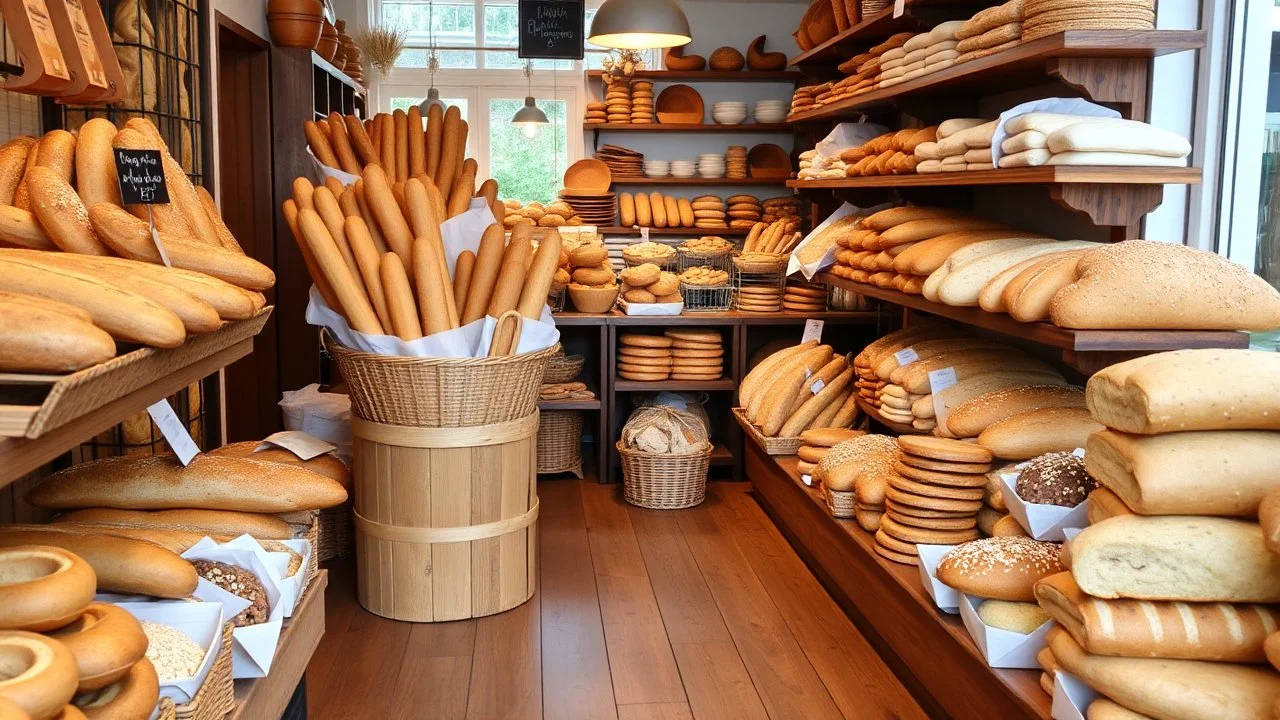 The wooden floors of a shop are filled with all kinds of fancy breads, including baguettes, sandwiches, dough and tortillas, white, and whole wheat, and all kinds of sweets, wheat ears, sesame seeds, freshly baked sliced ​​breads, and a classic theme.
