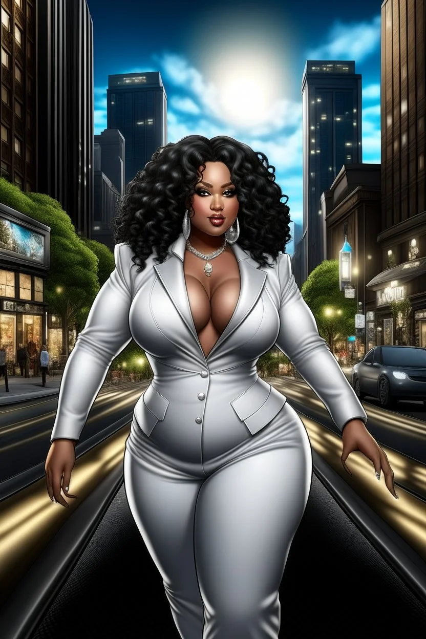 Create a digital airbrush cartoon of a plus size African American female wearing a white business suit with white heels. Prominent make up with hazel eyes. Highly detailed very long extremely curly black hair. She is wearing silver and diamond Jewely that shines of the lights. Her skin is smooth and silky. Background of a busy city street