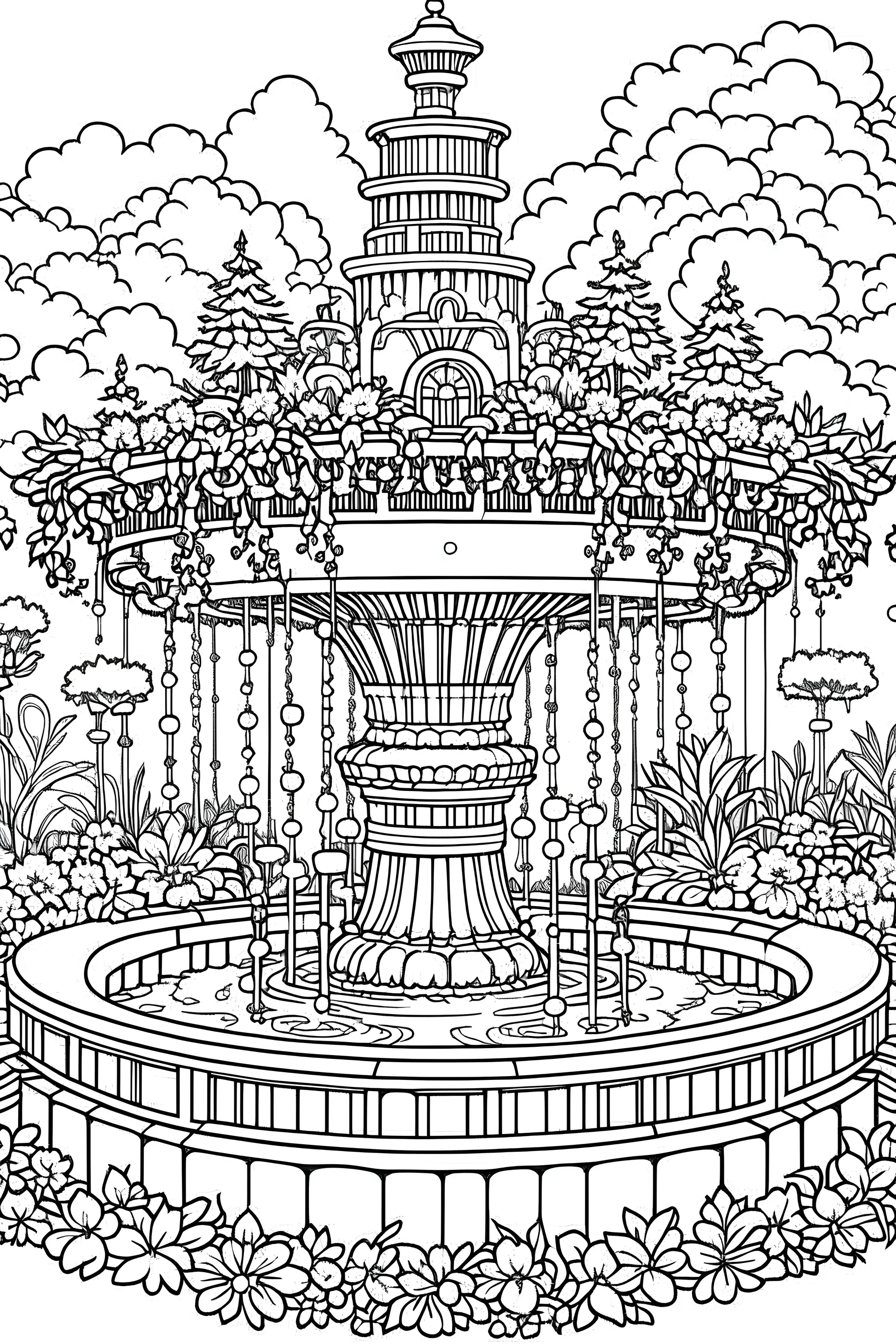 Illustrate a magical fountain adorned with blossoming flowers, modern 2050 YEAR architecture, Clister crisp clear lines, clean line art, line art, Black and white coloring page, for adult, adperfect shape, each image separate model treehouse, realistic, unique, unique style, masterpiece, variation, clean coloring page, vector coloring book illustration, no shading, only draw outlines, crisp, full page, use up the entire screen,