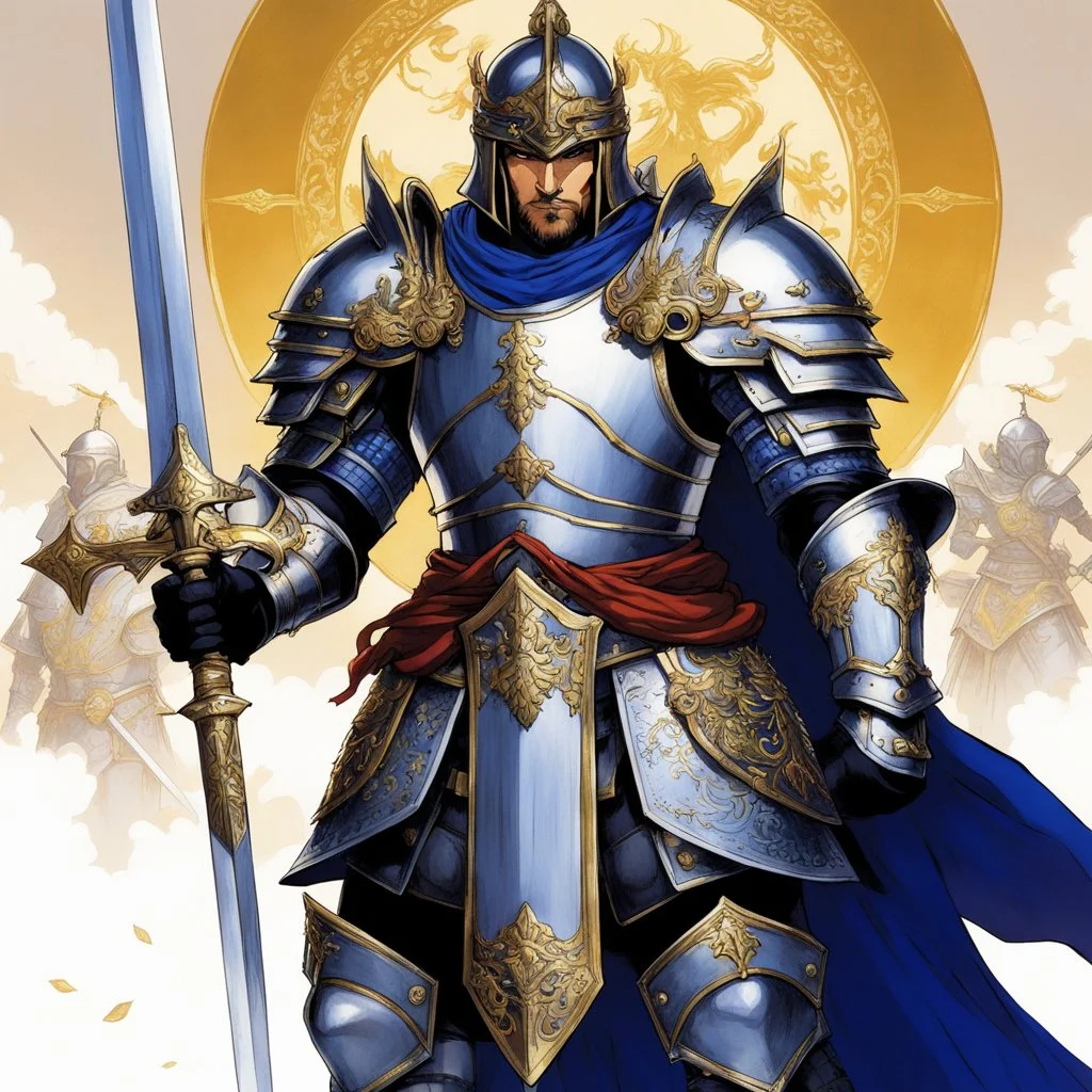 (in the style of Orion, by Masamune Shirow) a paladin knight with his plate armour and his two handed zweihander sword, ready for a blessing