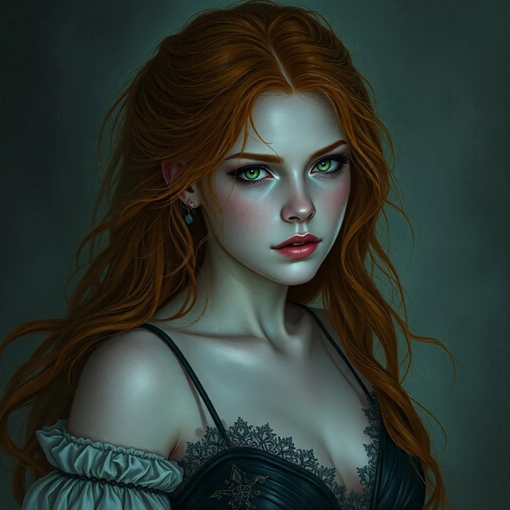 a beautiful fantasy woman, young, ginger hair, troubled, dark fantasy art