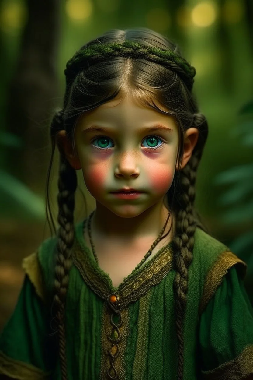 A five years old beautiful Little girl, with elven ears, golden eyes and long black braids, with serene look, dressed in primitive green elven clothing, surrounded by a mystical golden aura, with a background of a primitive elven village in the forest