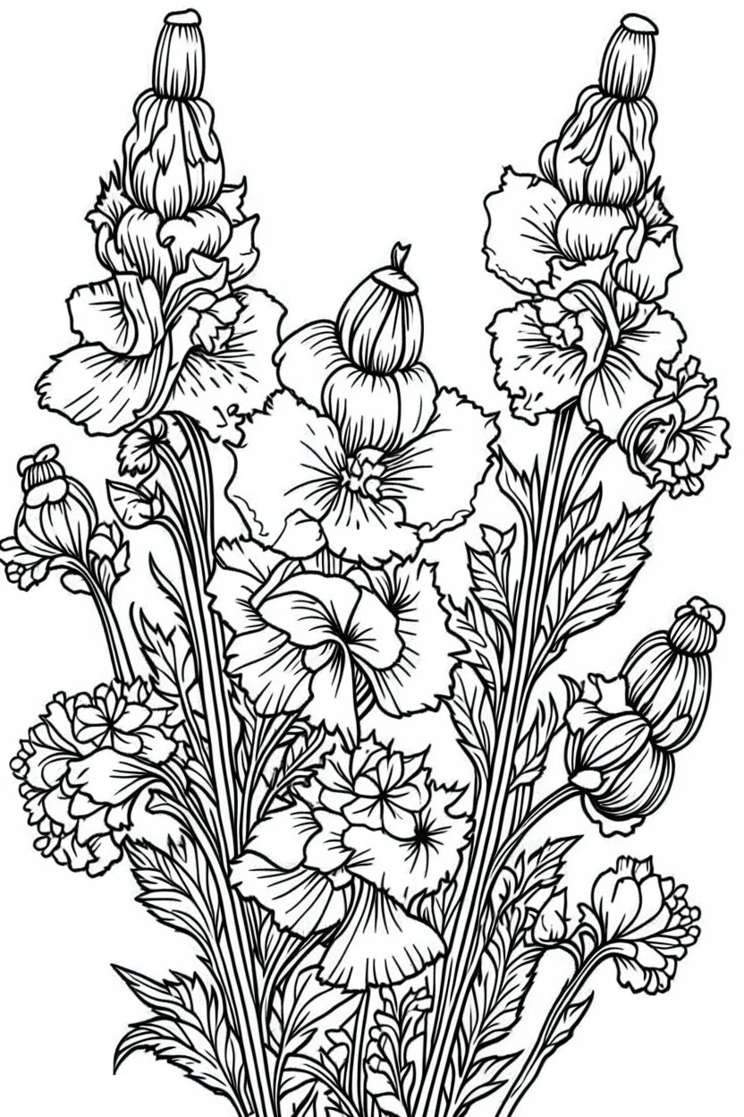 Outline art for coloring page, GARDEN OF SNAPDRAGON FLOWERS, coloring page, white background, Sketch style, only use outline, clean line art, white background, no shadows, no shading, no color, clear