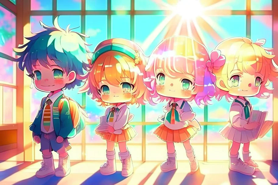 cute chibi holographic girls and boys in the school in sunshine