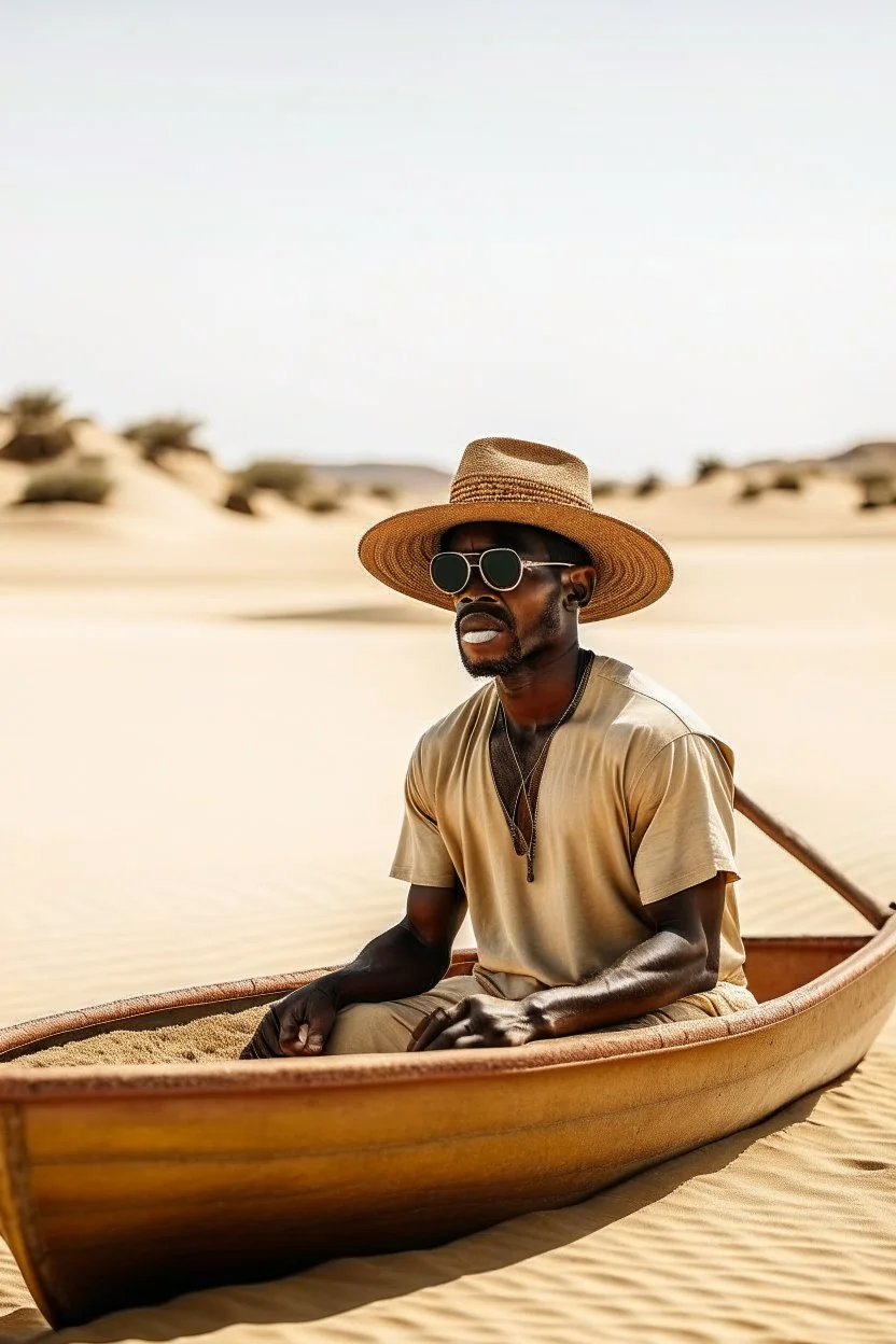 African man wearing hat and sunglasses, rowing small boat in desert sand at a distance