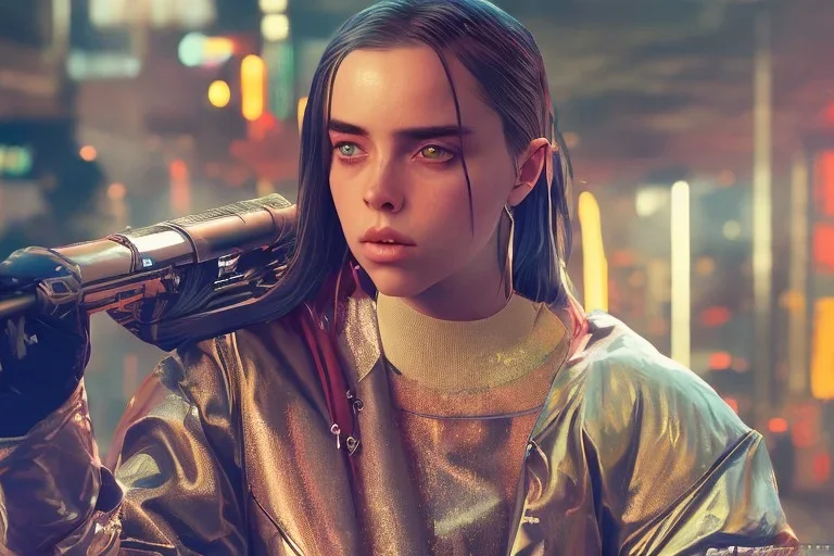 Billie Eilish, on stage with guitar, cyberpunk2077, realistic, not to be distinguished from a photo, identical pupils, photorealistic illustration