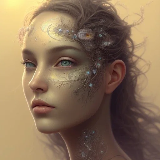 Portrait of beautiful girl, face dept of field,face shining, plant, metal, feathers,central weight average, CWA Dryad, fae, sidhe, ominous, nature, plants, wildflower sparkle,wildflower 3d view, facepaint, dnd character portrait, intricate, oil on canvas, masterpiece, expert, insanely detailed, 4k resolution, retroanime style, cute big circular reflective eyes, cinematic smooth, intricate detail , soft smooth lighting, soft pastel colors, painted Renaissance style,sharp fucus, bokeh,macro lens,