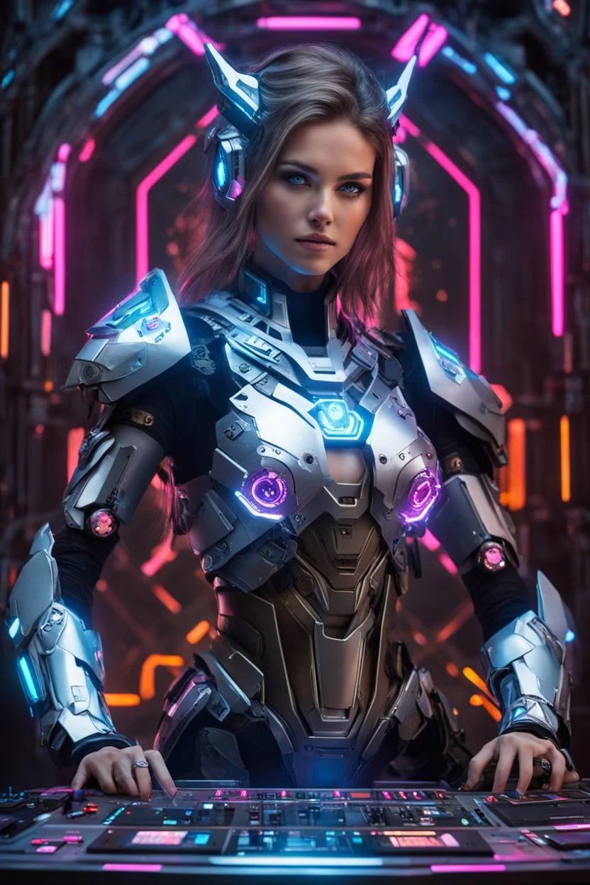 Photography Realistic super model Beautiful European woman as Dj player with body mecha|full armor|organ|mystery|runes|neon|light, imbalances, mutations, anomalies, natural beauty, sound system