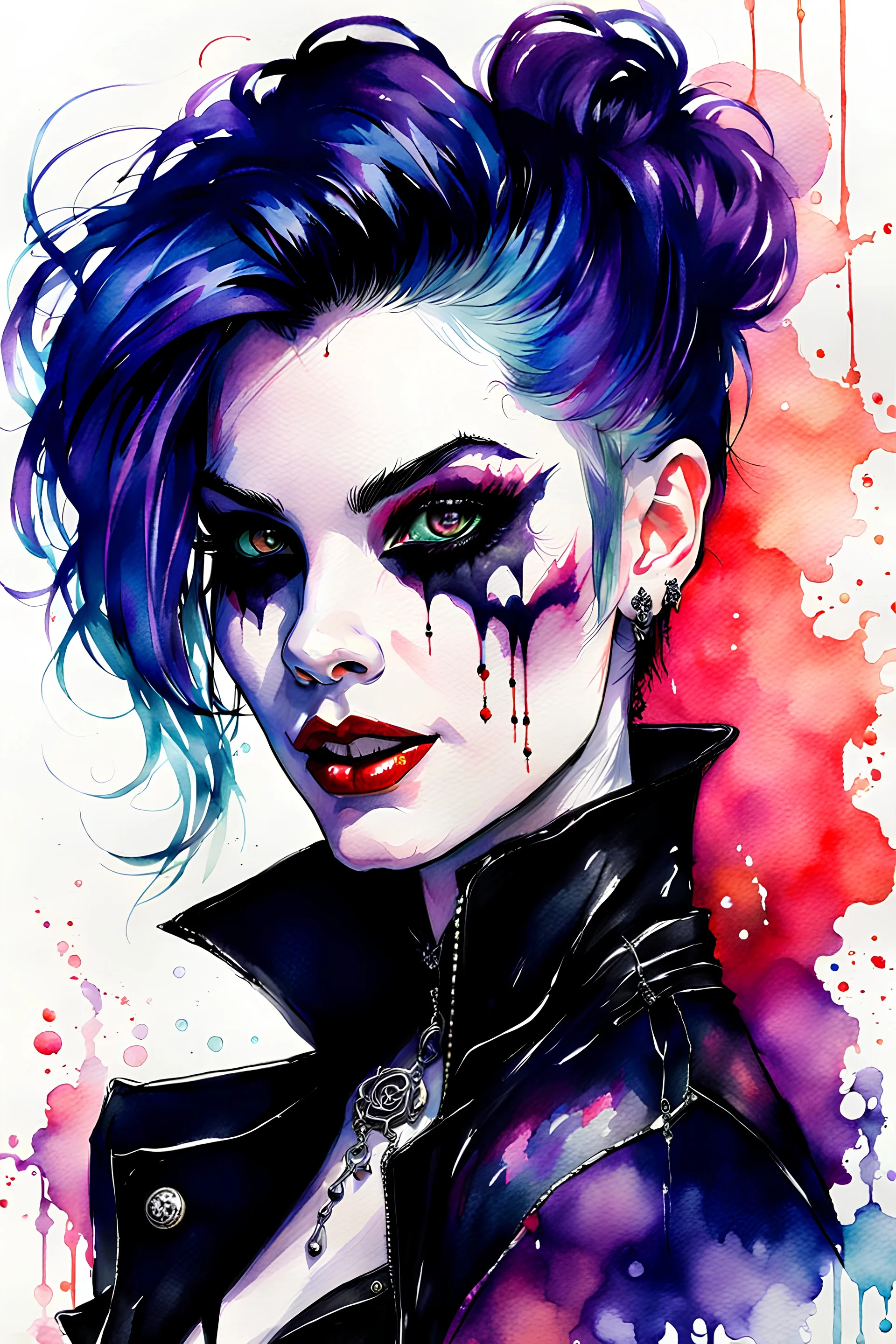 watercolor painting , pen line sketch and watercolor painting of a gothpunk vampire girl ,Inspired by the works of Daniel F. Gerhartz, with a fine art aesthetic and a highly detailed, realistic style