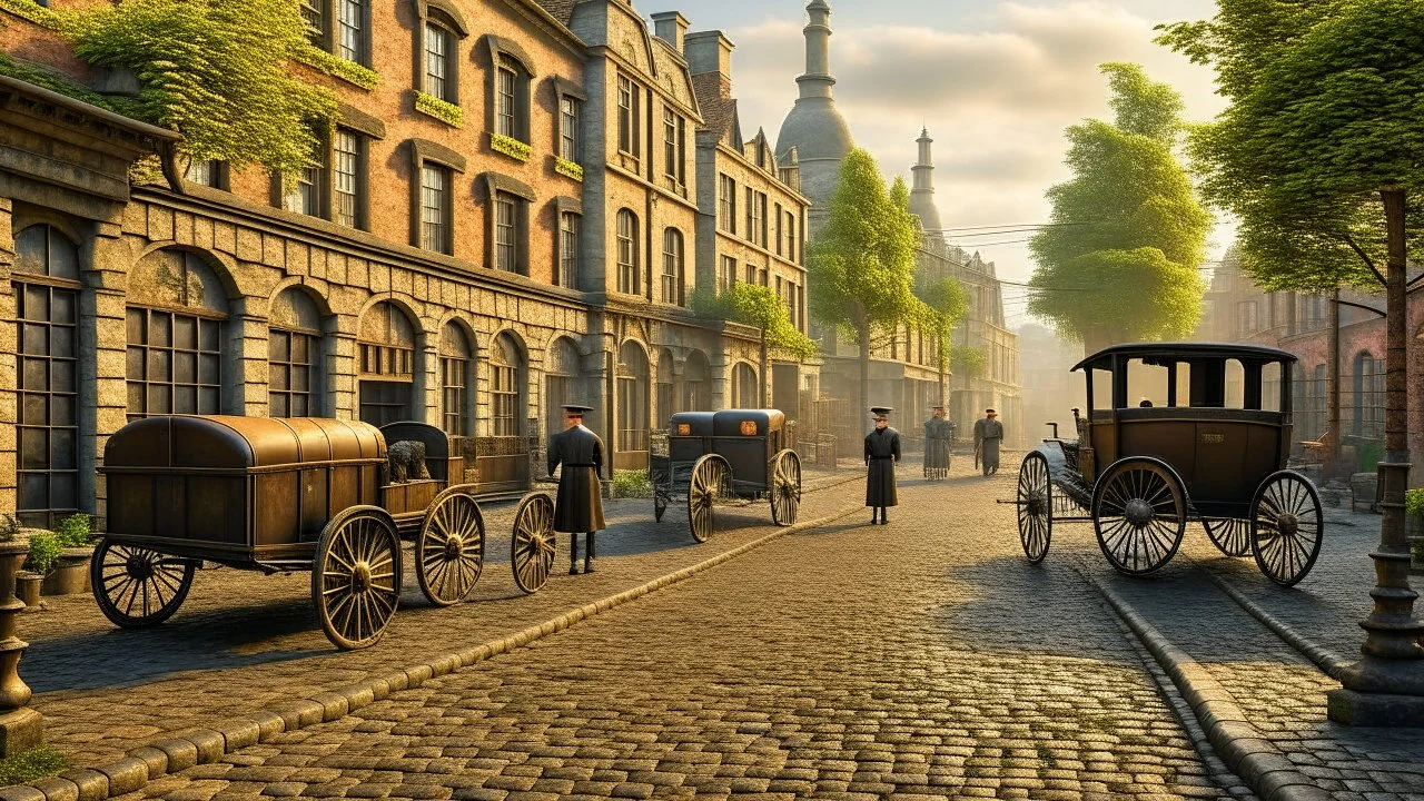 industrial steampunk street with cobbled pavement, steam cars, people, trees