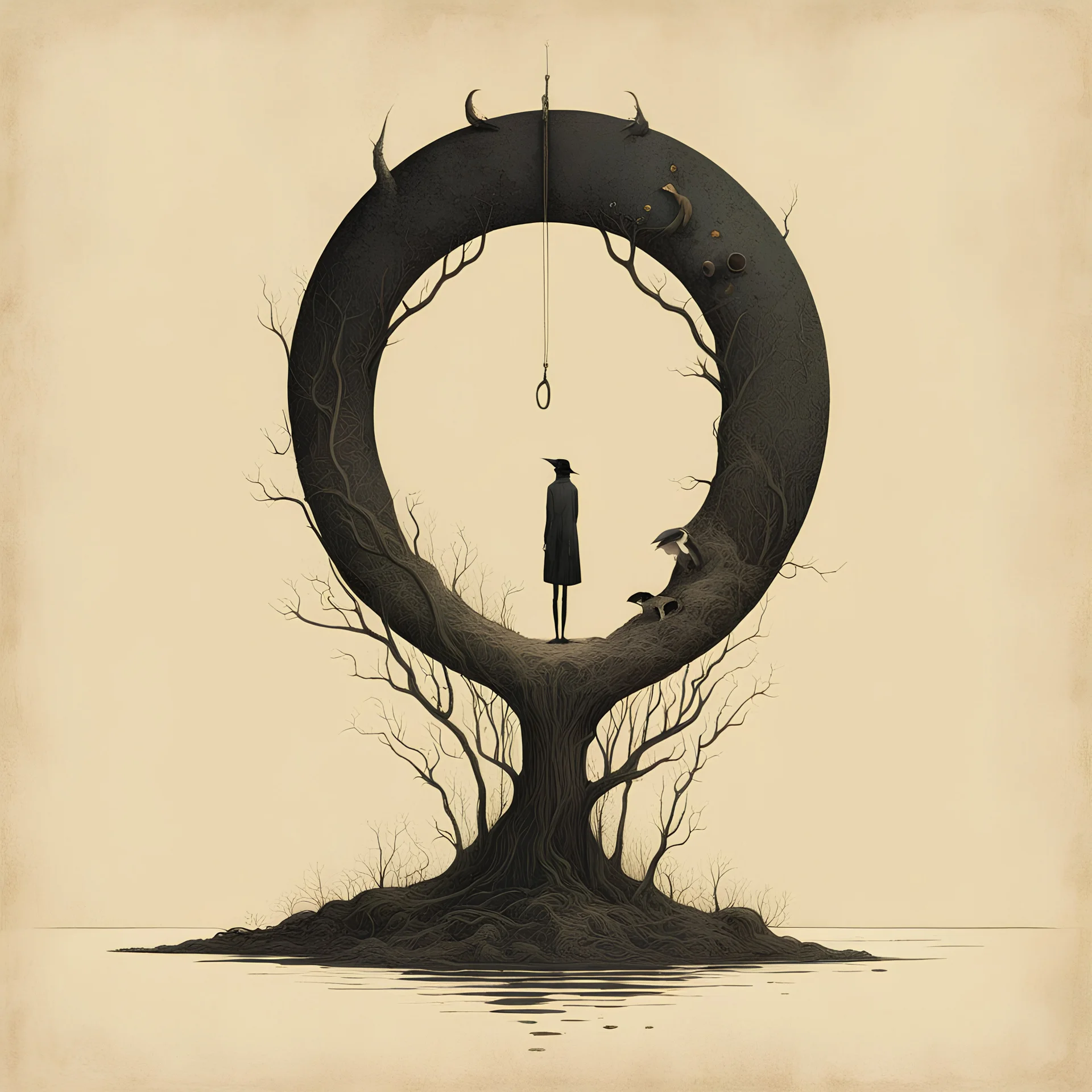 everything has a tail!, Surreal style by Alessandro Gottardo and Tomasz Setowski and Zdzislaw Beksinski, thirsting for knowledge, dark shines a hole in the soul, warm colors and cold hues, eerie, neo-surrealism, creepy, concept art, unbalanced and uncentered