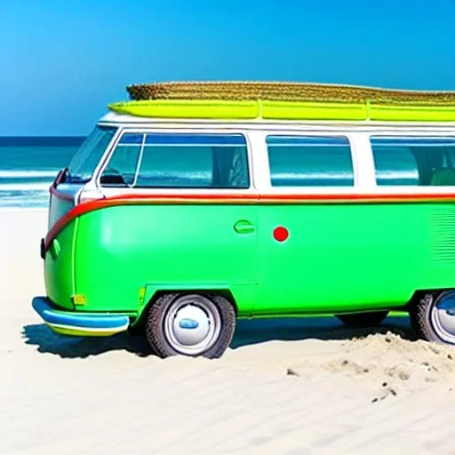 old Volkswagen partyvan, green color van, funny colored, partyvan on the beach, sunny beach, sunny weather, beach party, party people