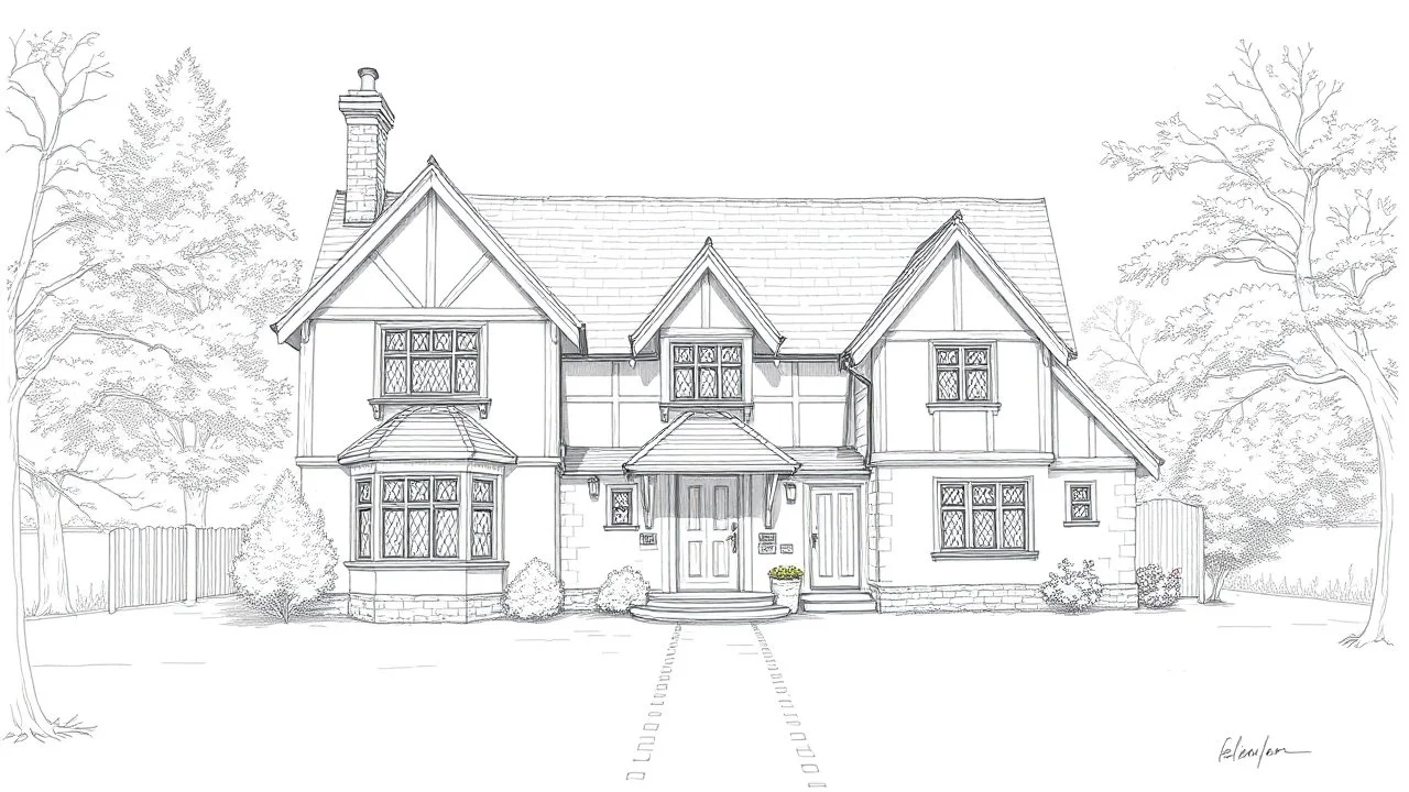 A front elevation fine-line pencil drawing of a partially collapsed Tudor fantasy cottage.