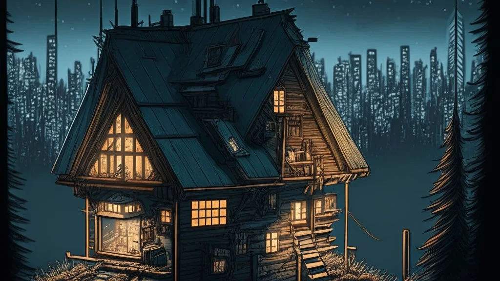small german Cabin, In cyberpunk city-skyline, comic style, realistic coloring