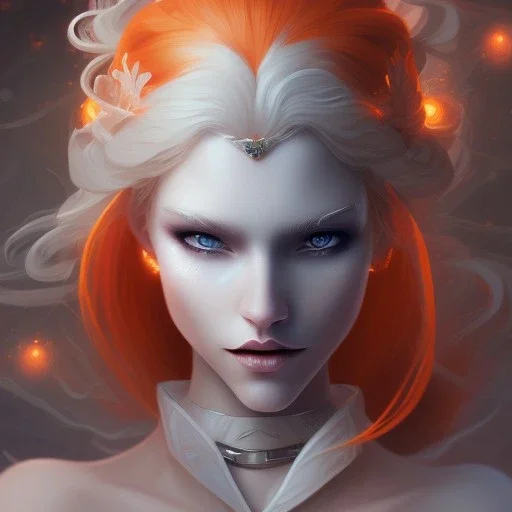 fantasy setting, woman, orange locks, white locks, more orange hair, more white hair