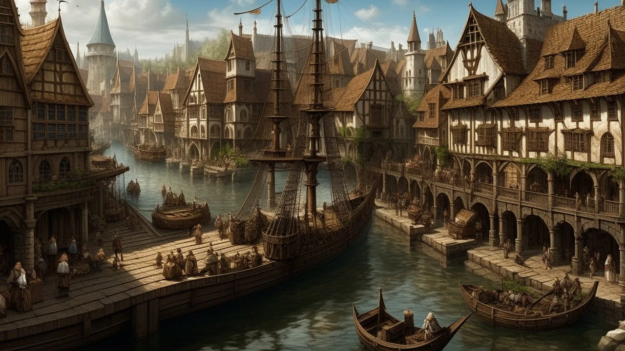 gothic medieval harbour with ships, piers, houses, shops, inns, balconies, plants, people, market