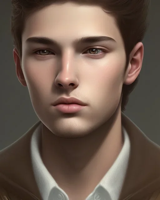  boy, cute, young, teen, brown hair, brown eyes, medium hair, close up, head and shoulders portrait, head and shoulders portrait, 8k resolution concept art portrait by Greg Rutkowski,