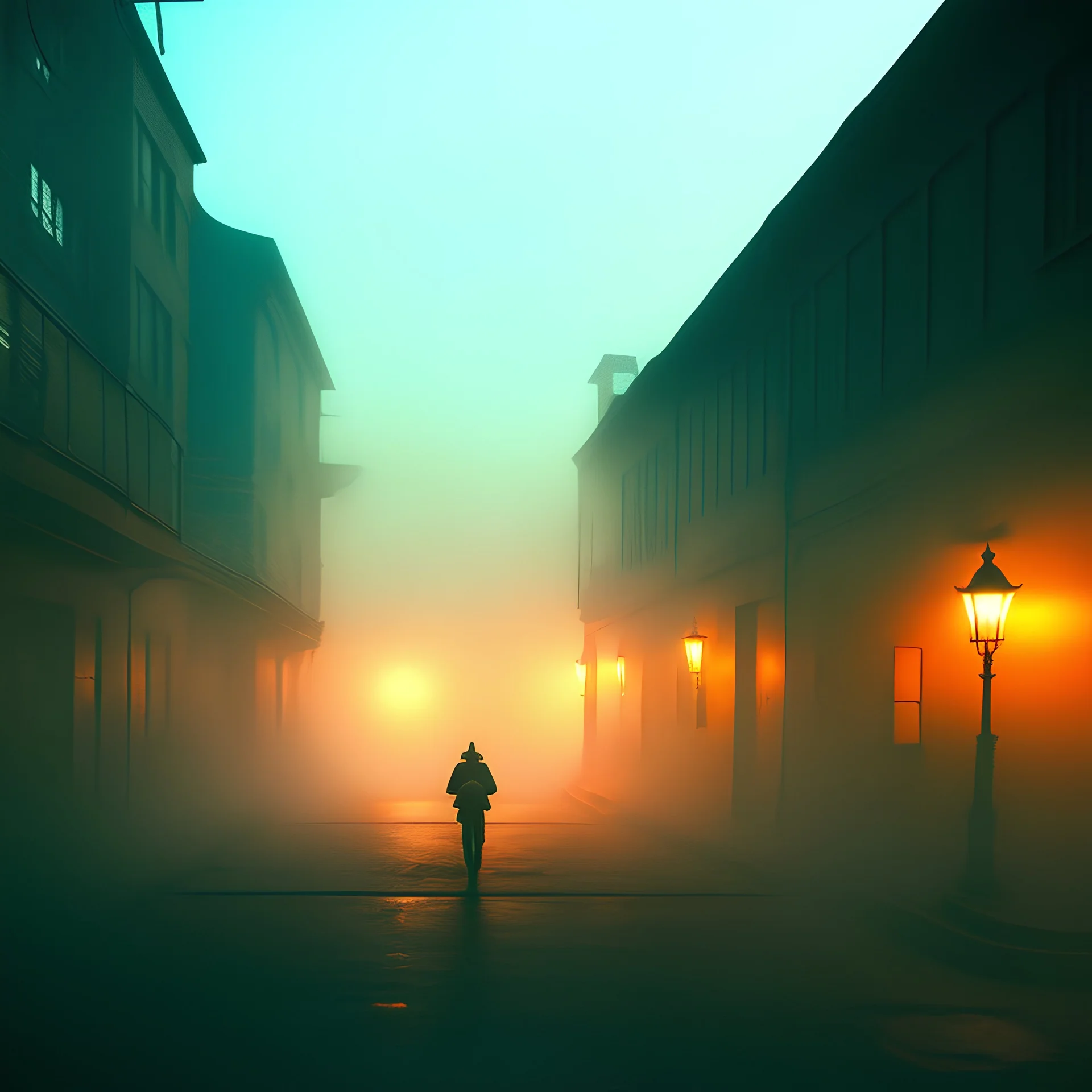 Dark street creepy fog colours strong texture 8k artistic Photography volumetric light, Yves Tanguy Max Ernst 8k 3d