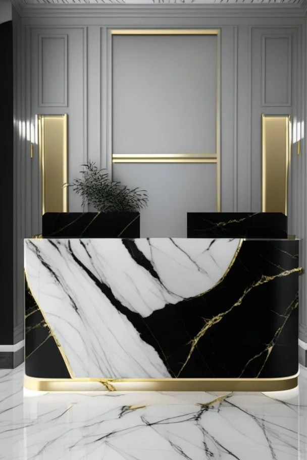 Black clear reception desk with white marble wall veined with gold