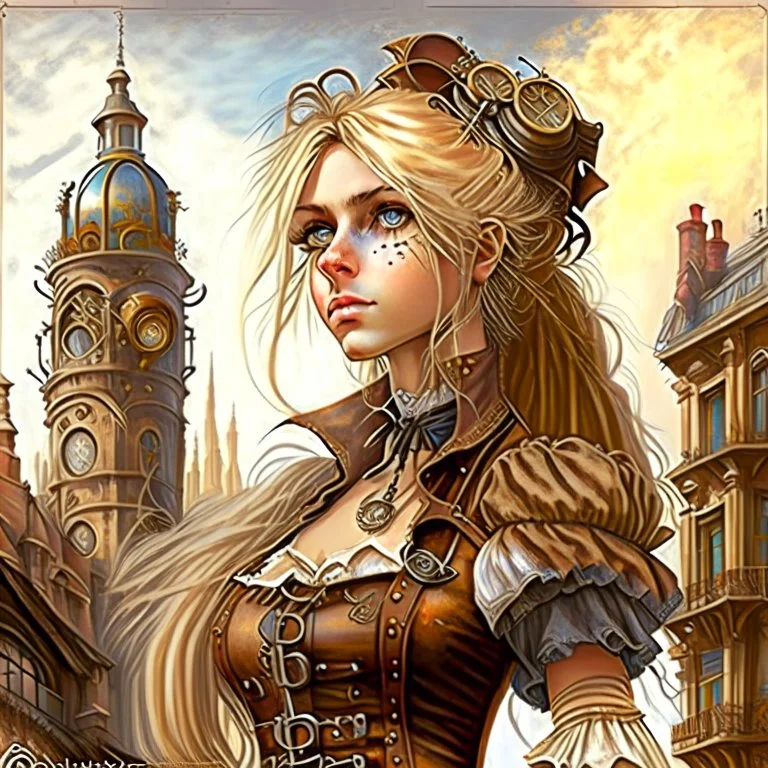 In the style of Jean-Baptiste Monge, a blonde woman with big brown eyes, in steampunk style . long hair. Charming view. Short top, around the Gothic buildings. Detailed clothing. Detailed view. soft colors
