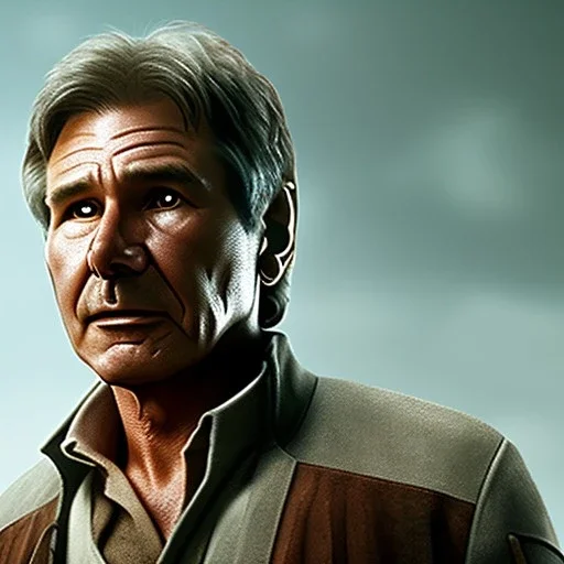 8K space background with stunning photo realistic detailed head to waist portrait of harrison ford as han solo in star wars with photo realistic short hair by alice zhang,Sam Spratt, Yi Fan, Houston Sharp, Matija Obrovac, Sharp focus, brown eyes, weathered skin,space jacket from star wars, octane render, intricate