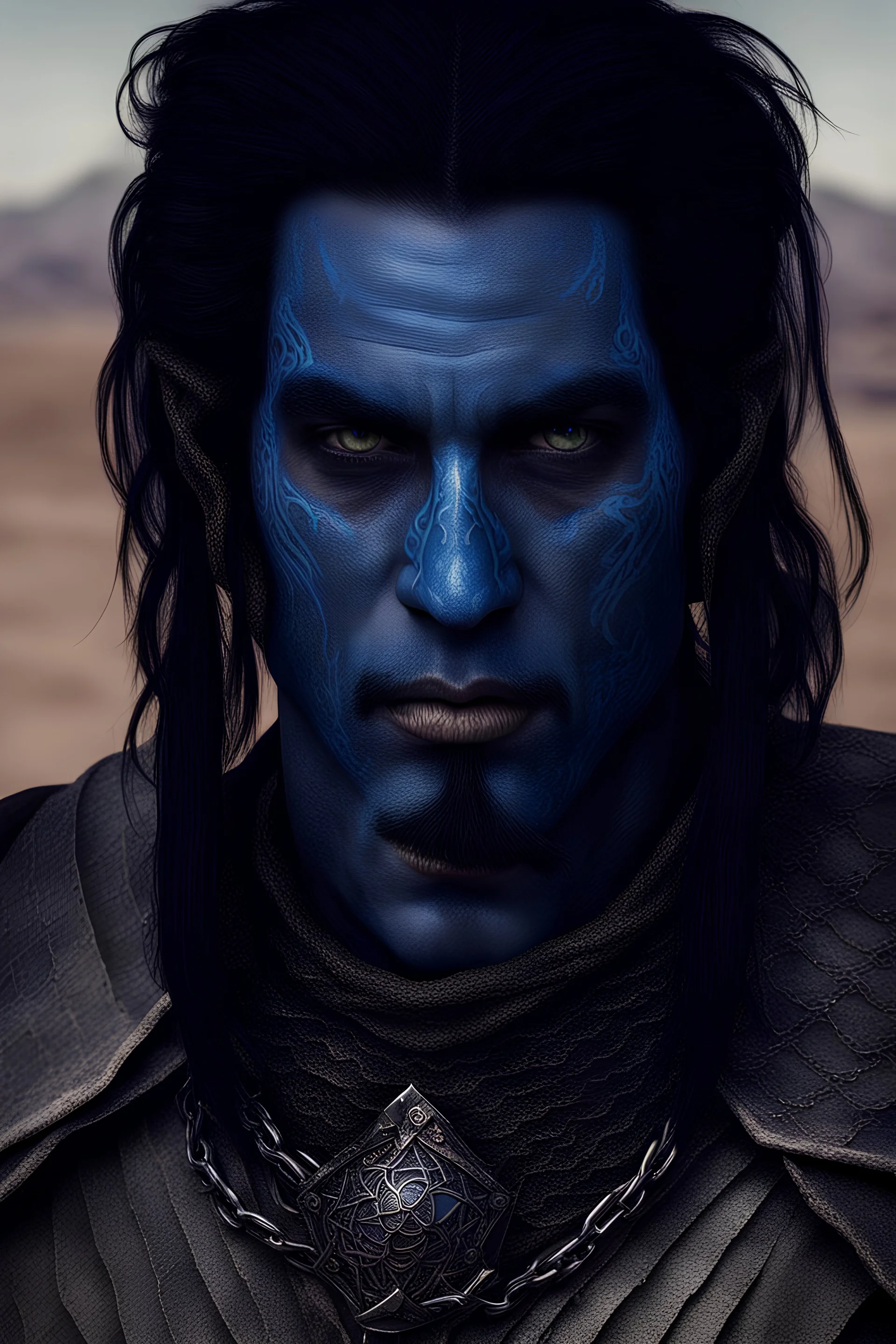 A rugged desert warrior with a blue face tattoo over his left eye. long black hair, wearing chainmail.