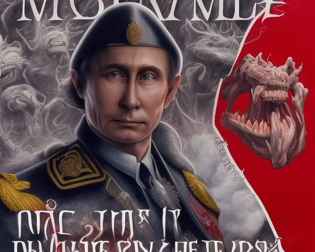 evil Russia president Vladimir Putin satan with fangs , Moscow in fire