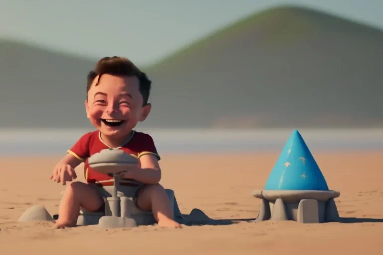 Elon musk as a Happy toddler building a rocketship sandcastle on the beach