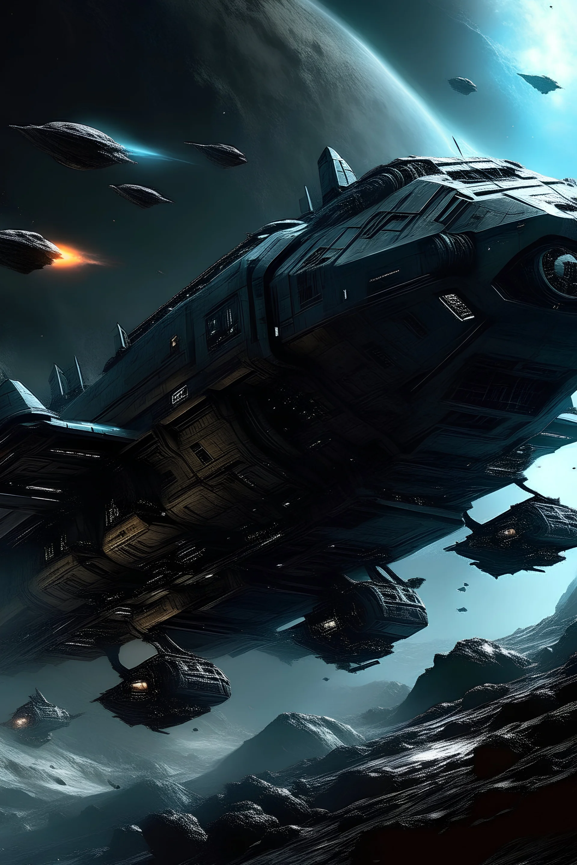space pilots spaceship asteroid art