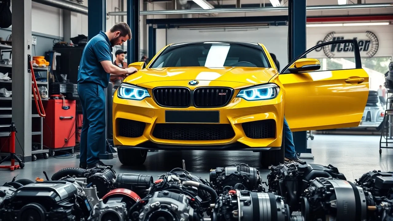A car repair shop where two people in work clothes are repairing a yellow BMW M6 series with an eye-catching theme in a sophisticated and special repair shop where a collection of car engine parts is arranged on the floor at the bottom of the image.