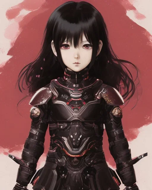 Detailed anime child girl, dark brown hair, black and red dragon scale armour, intricate details, full body portrait, keep head in frame, slight smile, black Japanese motif, concept art, highly detailed, digital painting, concept art, sharp focus, illustration, art by Yoji Shinkawa, WLOP and greg rutkowski and alphonse mucha and artgerm and yanjun Chen and Junji ito and Makoto Shinkai, HDR, octane render