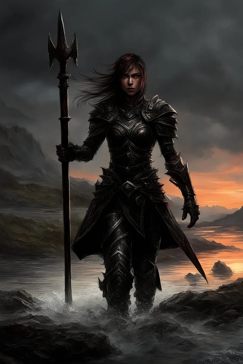 A formidable warrior girl in black armor, on the background Amazing gloomy landscape, flooded with sunset, mountains, trees, fabulous scary hero, , juicy emotions, painting, dark fantasy, bad weather, gloomy day, dark world, by James Paick