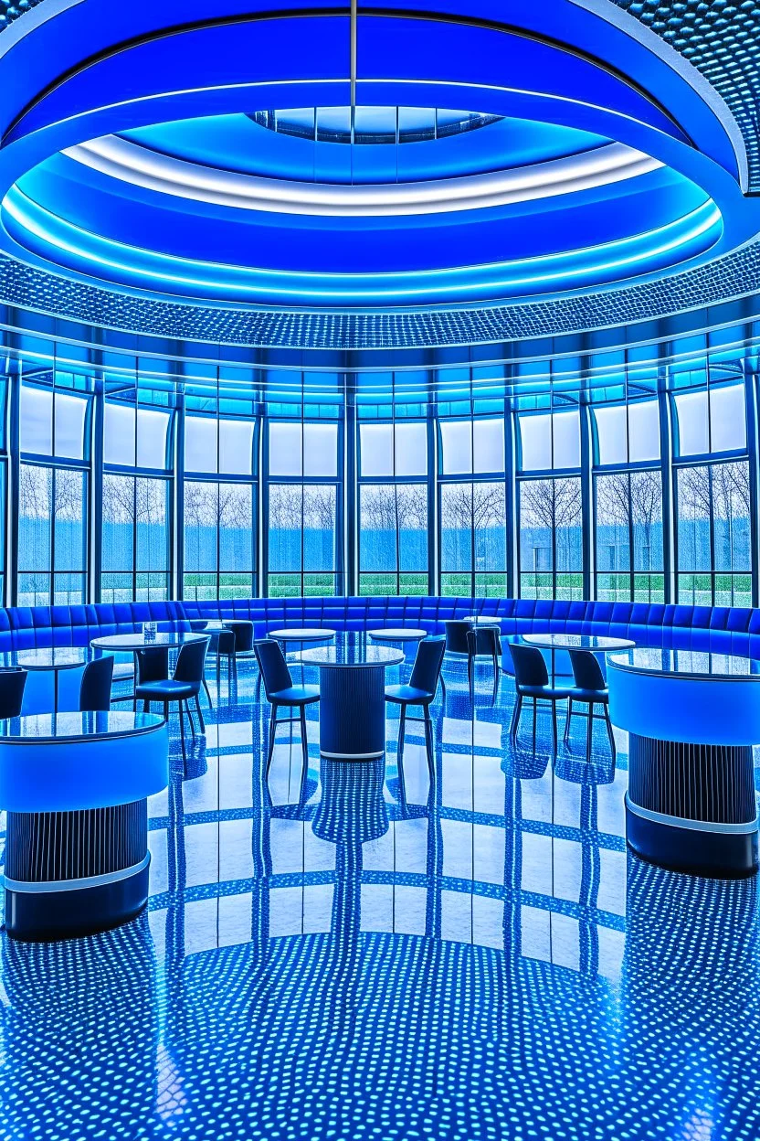 A restaurant with the outer shape of the walls in blue and a white floor and it contains one table in the middle of the restaurant in the form of a bar and the shape of the walls is oval containing 30 chairs and the walls are made of glass