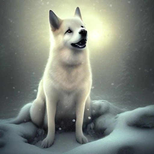 albino shiba inu mixed with German Shepherd, in the snow, ethereal glowing aura