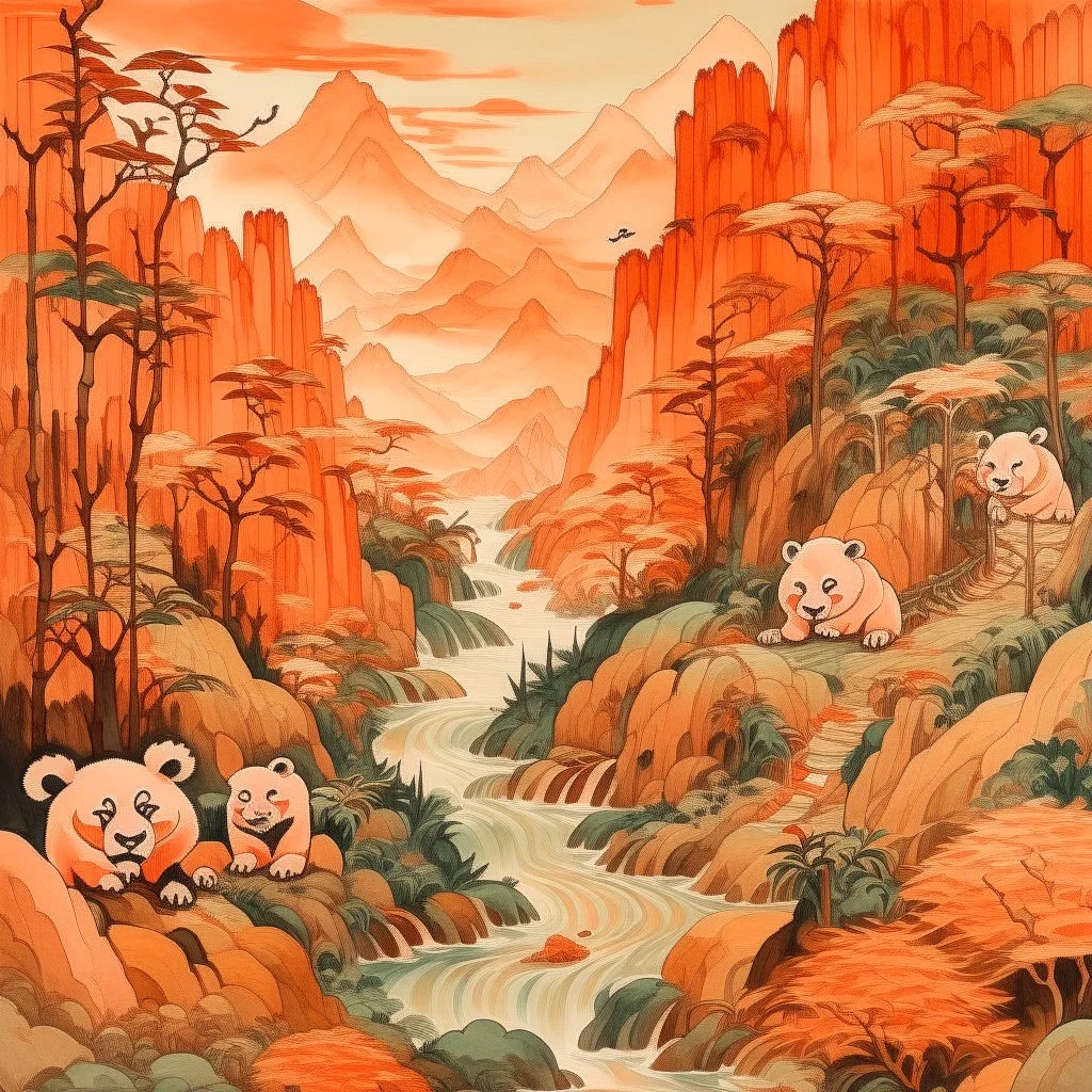 A light rosy orange colored oriental gorge with pandas designed in Chinese paper art painted by Zosan