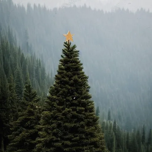 isolated christmas tree in the middle of mountain