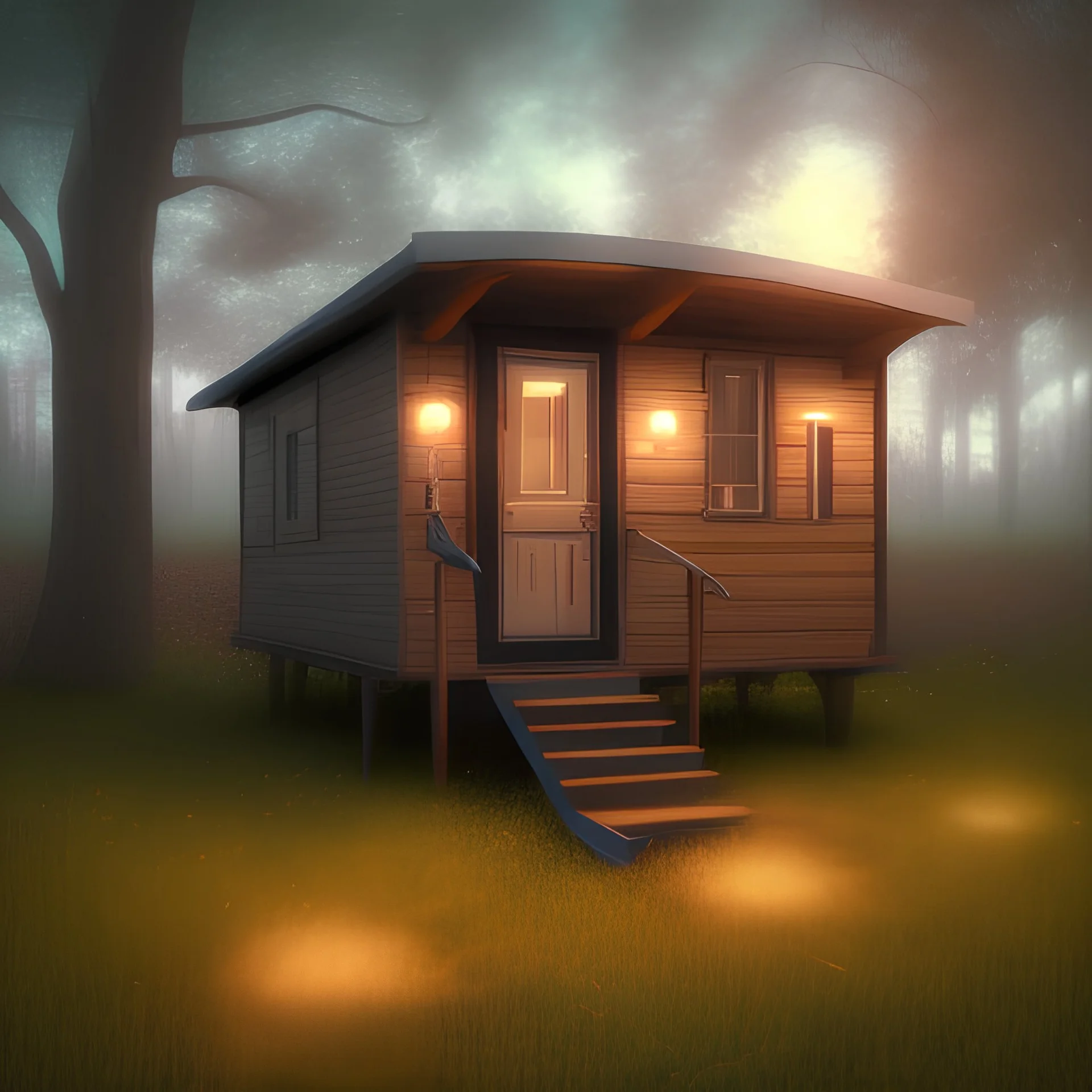 photo mobile-home-park-at-night, low angle shot from below, backlit, volumetric lighting