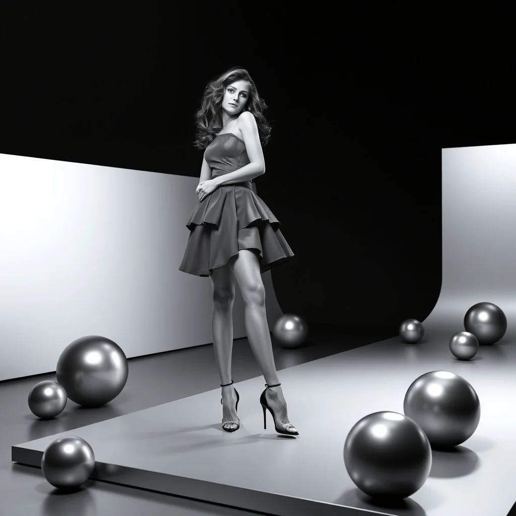 a beautiful black and white art picture of fashion model lady posing with cute and with high heels,midy skirt, pretty stage made of metallic blue-gray teme 3d recursive cubic and sphere base structures and the scene is in color,makeup curvy long hair.