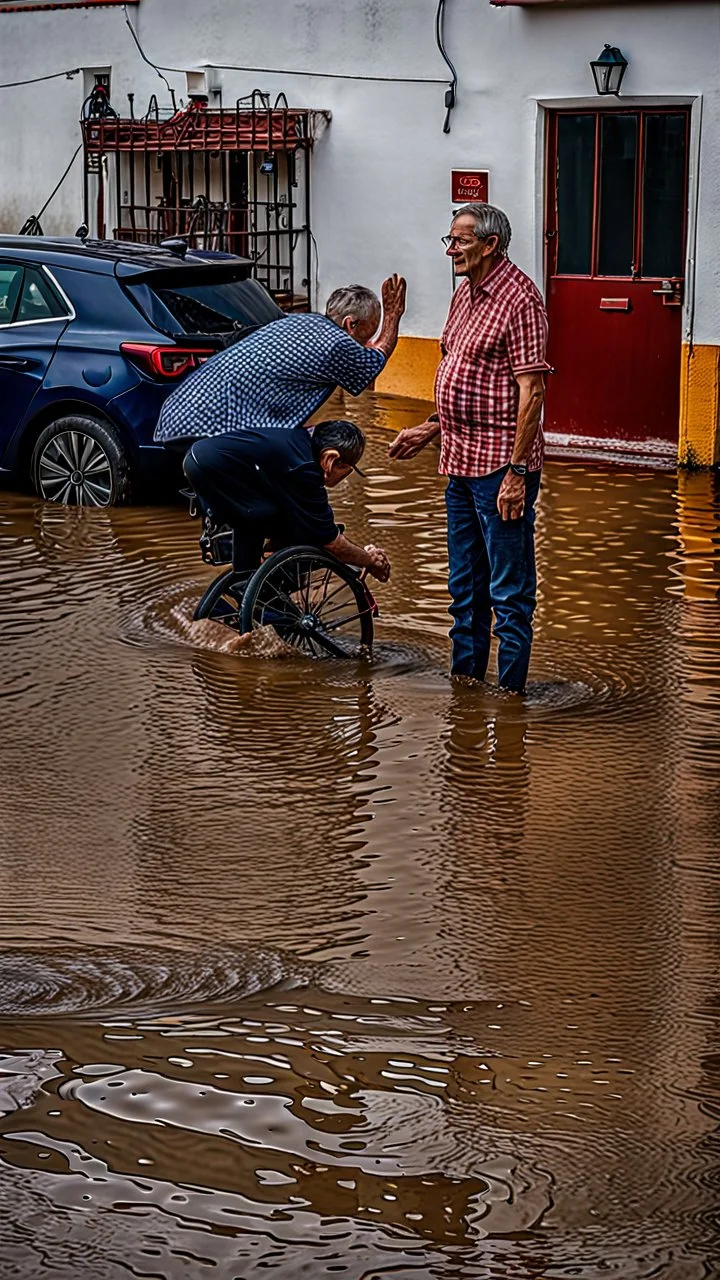 A natural phenomenon, floods in an Alentejo village with two politicians on the scene. Mario Soares and Cavaco Silva- Shot on Canon EOS R5, 50mm lens, depth of field, shutter speed 1/1000, f/2.8, white balance, 6000k. High resolution, realistic details, HDR efects, film grain, 4K. –ar 9:16 –s 700 –q 5